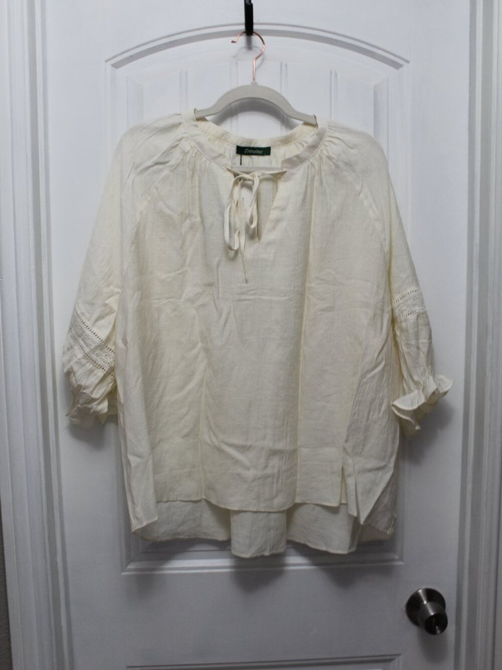 NWT Triratna Cream Boho Lace Sleeves Cotton Pullover Blouse Top Size L (30-1)